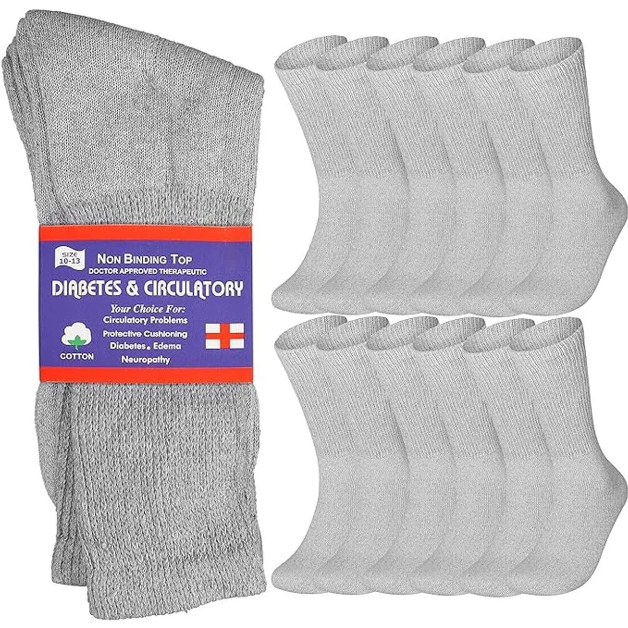 12-Pairs: Cotton Non-Binding Diabetic and Circulatory Crew Socks