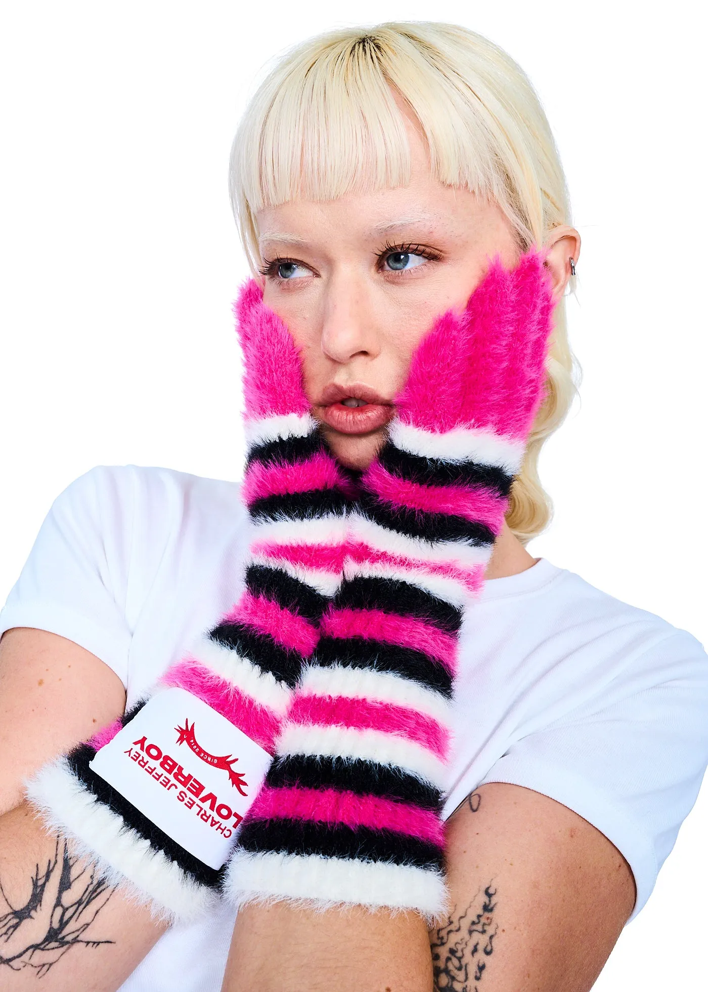 Charles Jeffrey Loverboy Fluffy Striped Gloves in Pink/Black