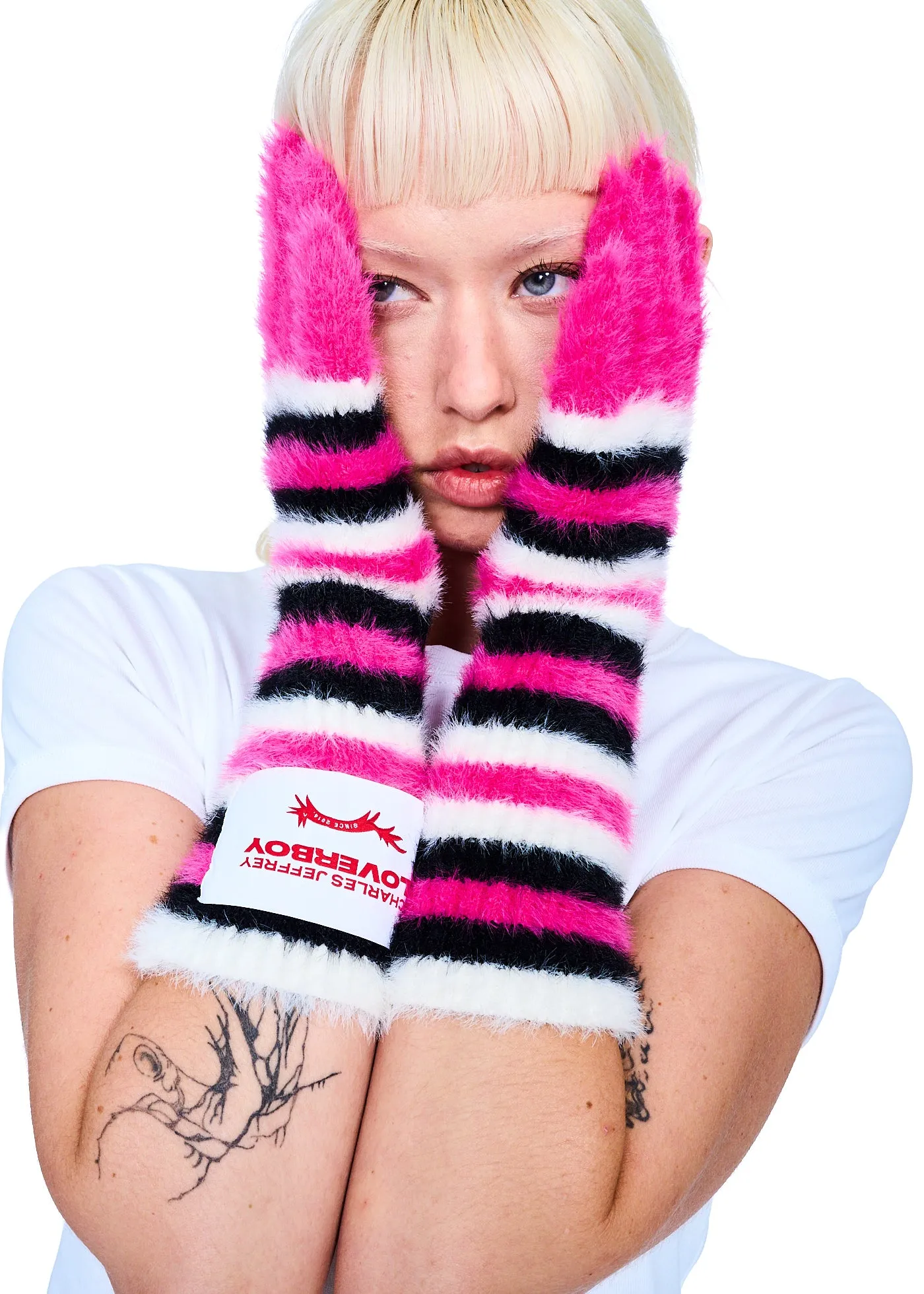 Charles Jeffrey Loverboy Fluffy Striped Gloves in Pink/Black