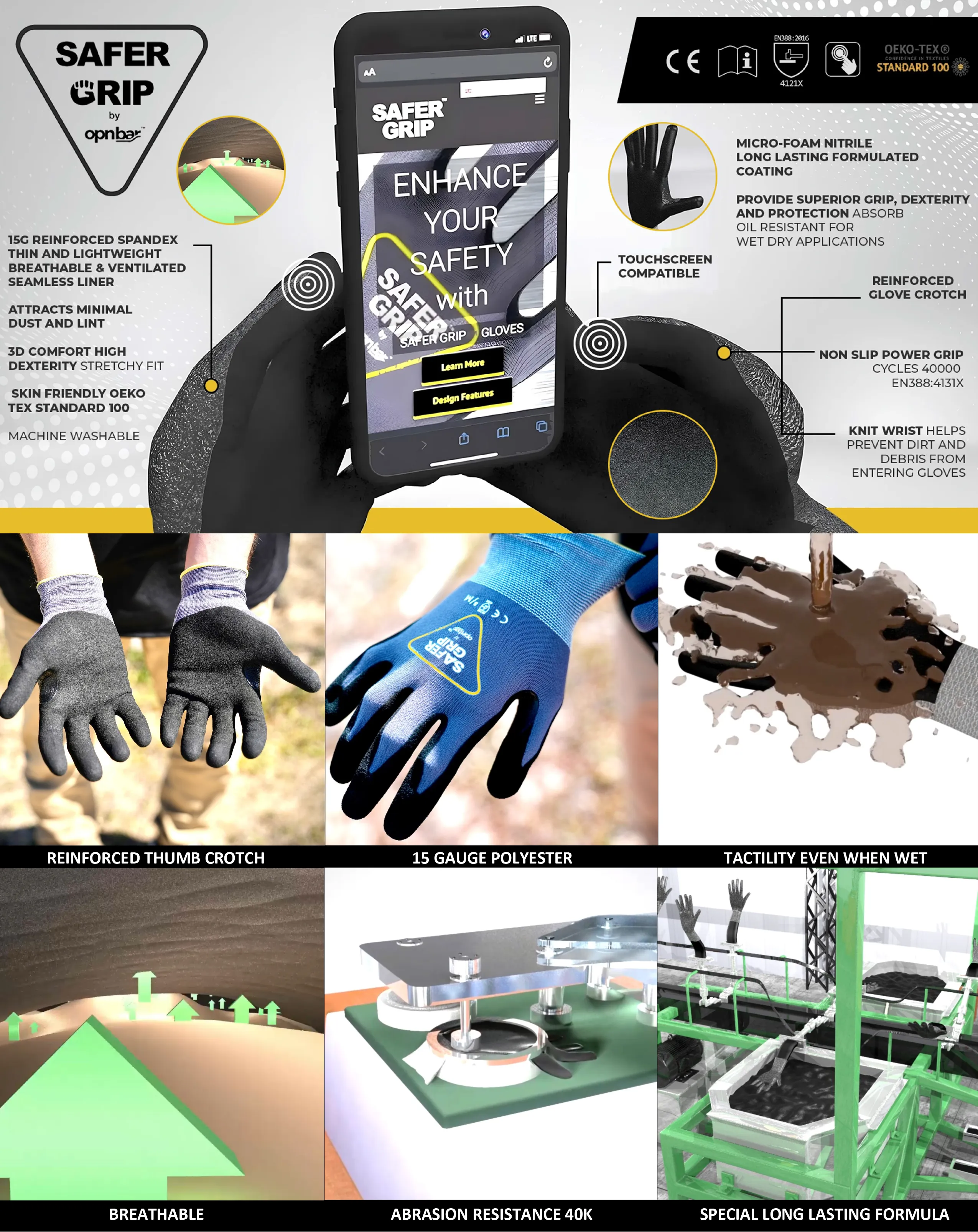 Construction Gloves - Nitrile Coated Gloves with Touchscreen - Safer Grip by OPNBAR™ (2-Pack)