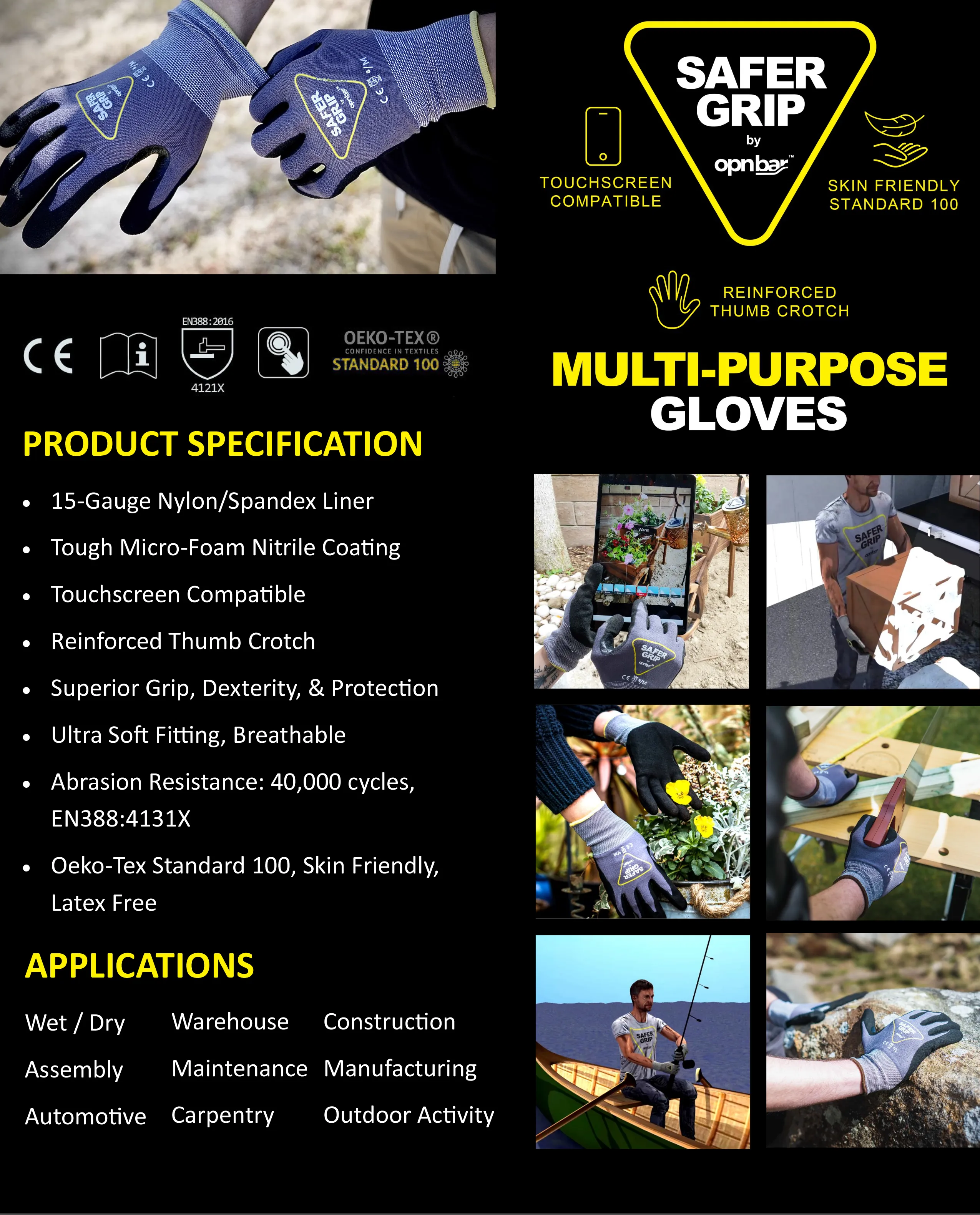 Construction Gloves - Nitrile Coated Gloves with Touchscreen - Safer Grip by OPNBAR™ (2-Pack)