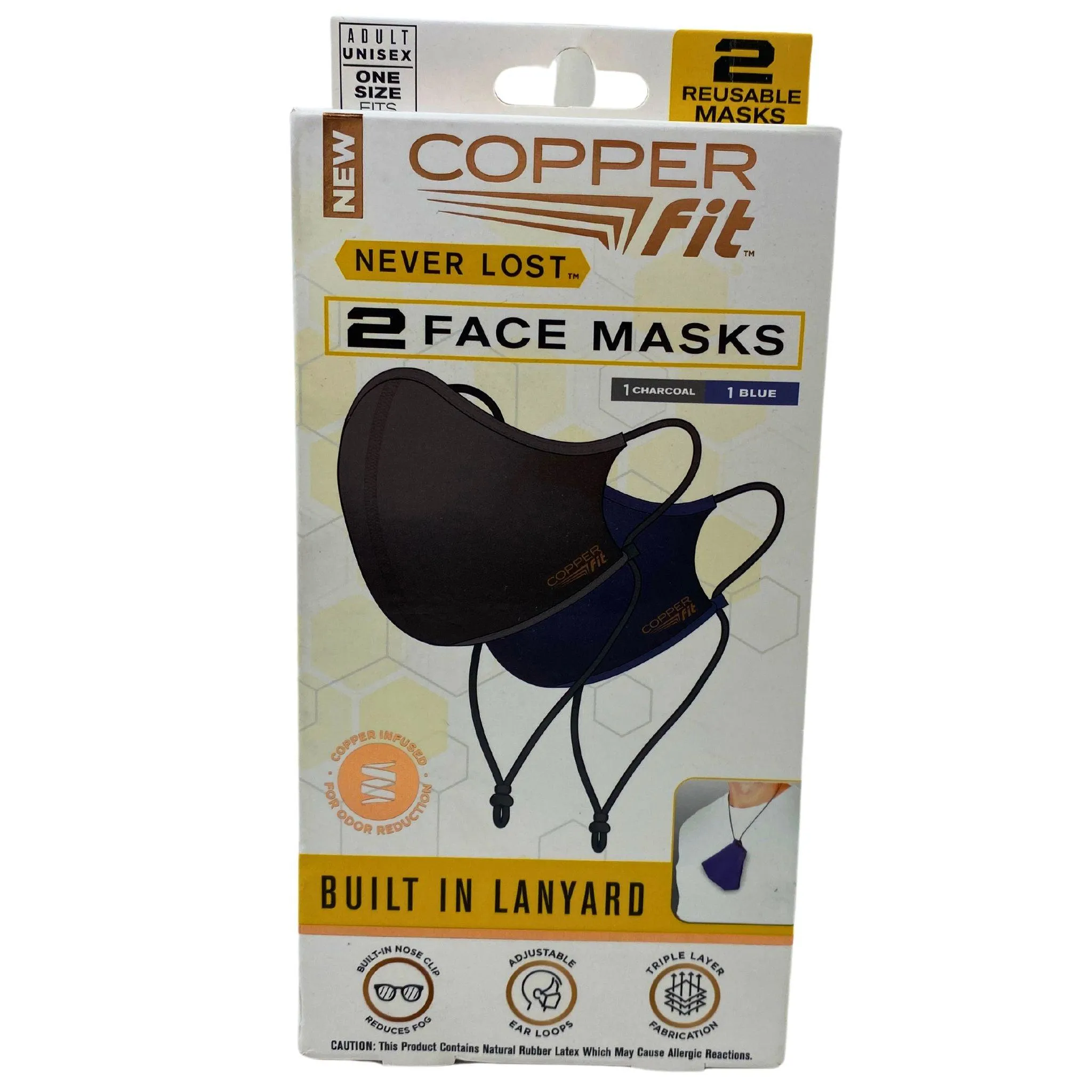 COPPERfit Never Lost 2 Face Masks 1 Charcoal & 1 Blue Buillt In Lanyard (50 Pcs lot)