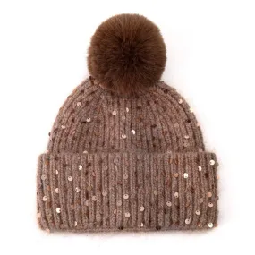 Faux Fur Pop Pom Hat With Sequins - Brown