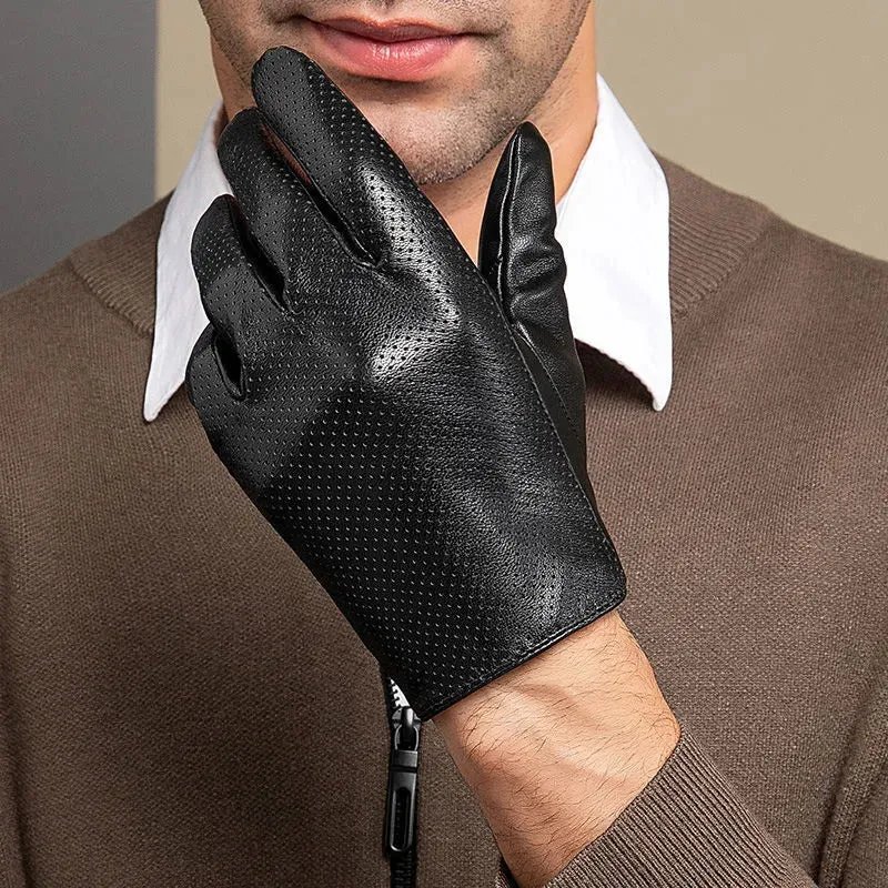 Genuine Sheepskin Leather Gloves For Men, Touchscreen Texting  Hollow Breathable Thin Driving, Cycling,Motorcycle Gloves