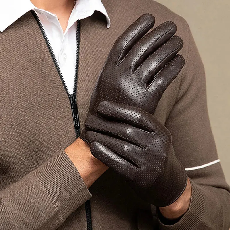 Genuine Sheepskin Leather Gloves For Men, Touchscreen Texting  Hollow Breathable Thin Driving, Cycling,Motorcycle Gloves