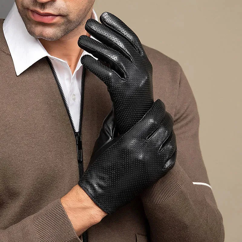 Genuine Sheepskin Leather Gloves For Men, Touchscreen Texting  Hollow Breathable Thin Driving, Cycling,Motorcycle Gloves