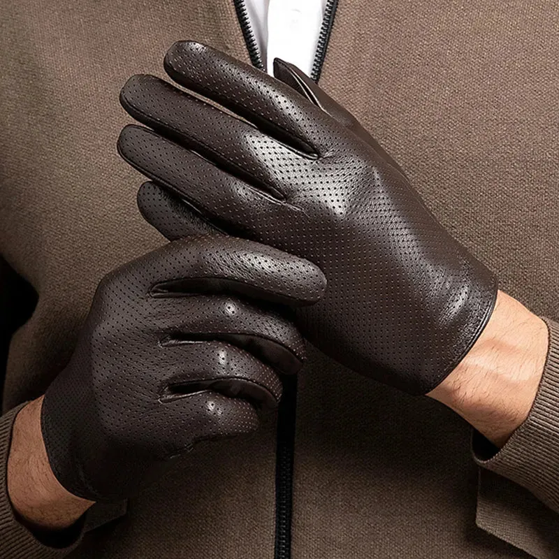 Genuine Sheepskin Leather Gloves For Men, Touchscreen Texting  Hollow Breathable Thin Driving, Cycling,Motorcycle Gloves