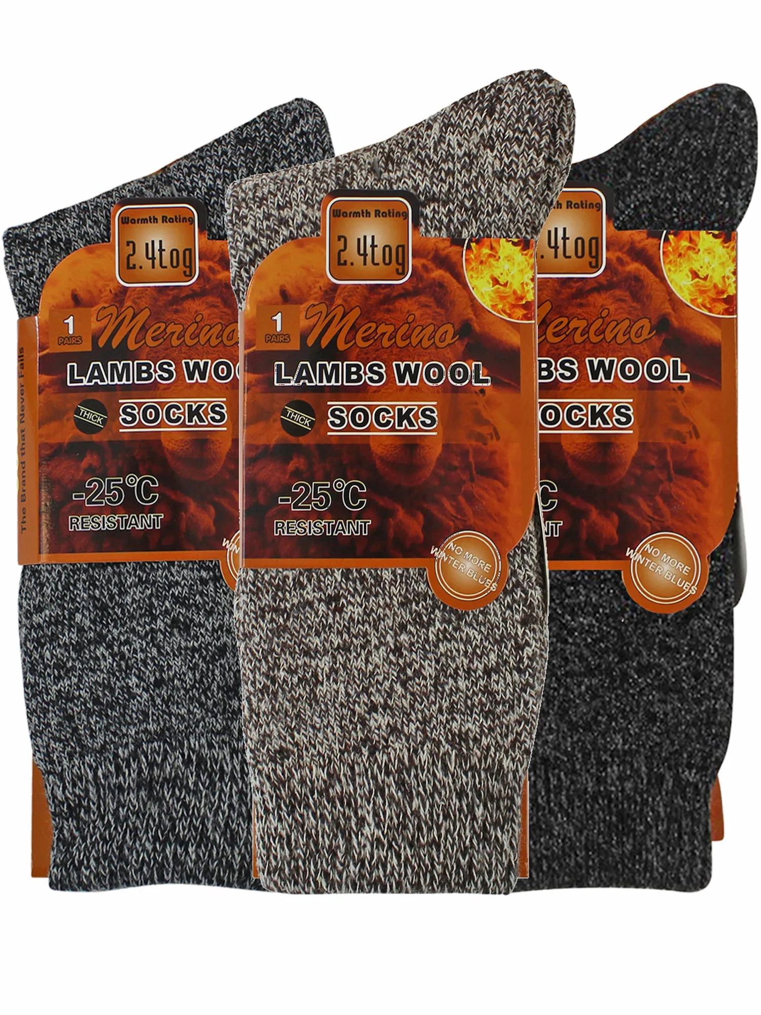 Mens 3-Pack Brown Gray Black Wool Thermal Socks