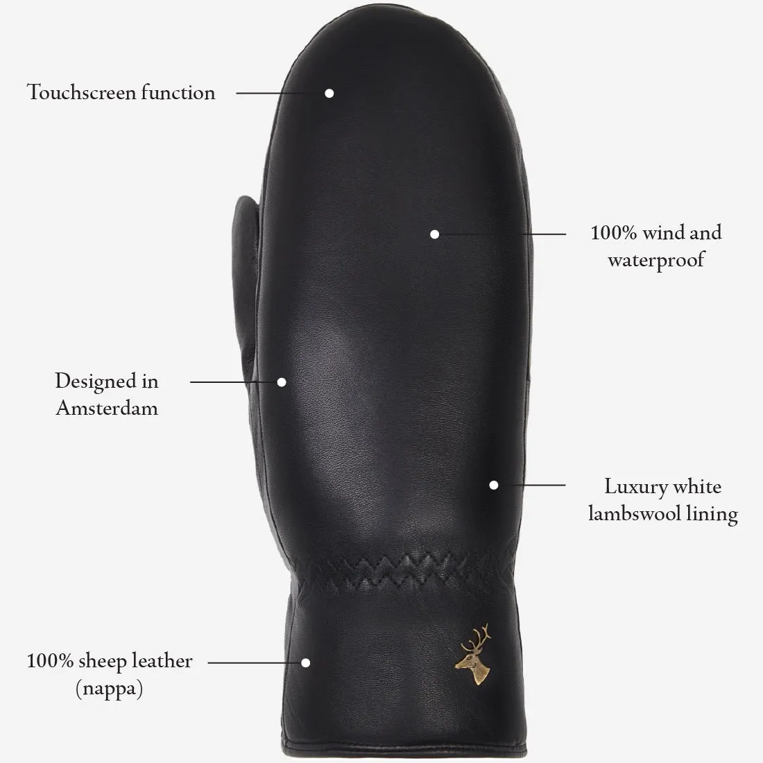 Mia – stylish leather mittens with luxurious lambswool lining & touchscreen feature