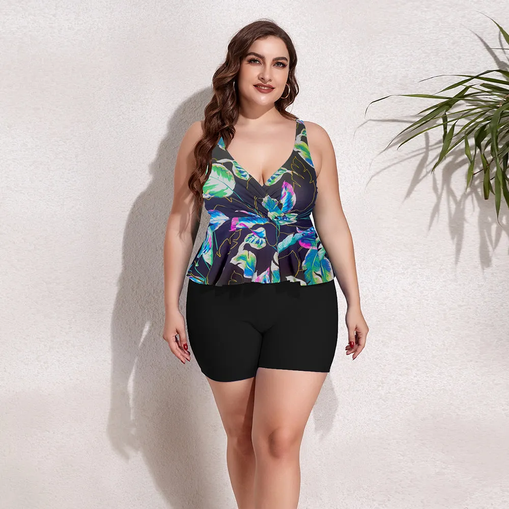 Plus Size Botanical Print Surplice Swim Set