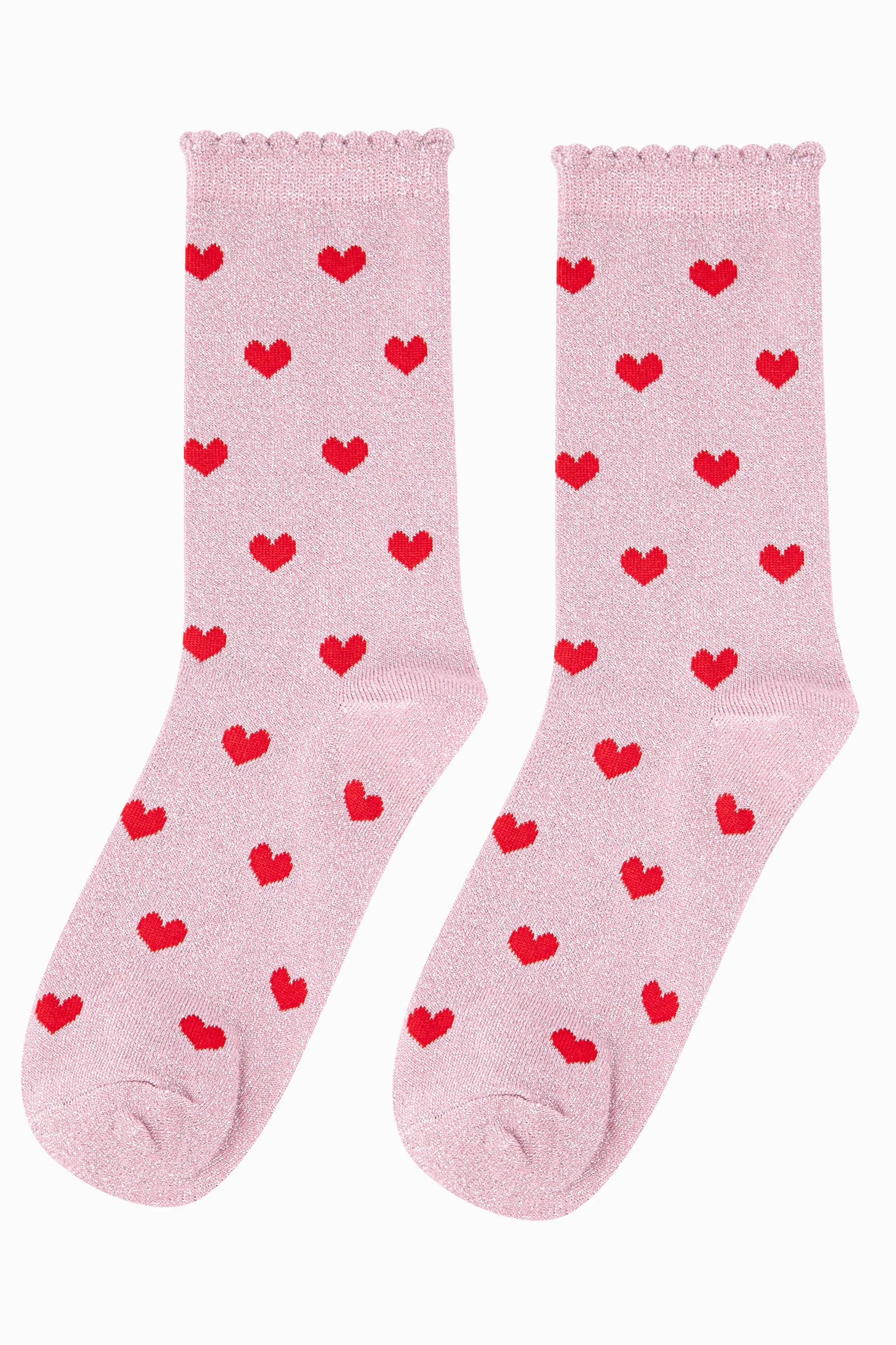 Womens Glitter Socks with Scalloped Edge in a Heart Print