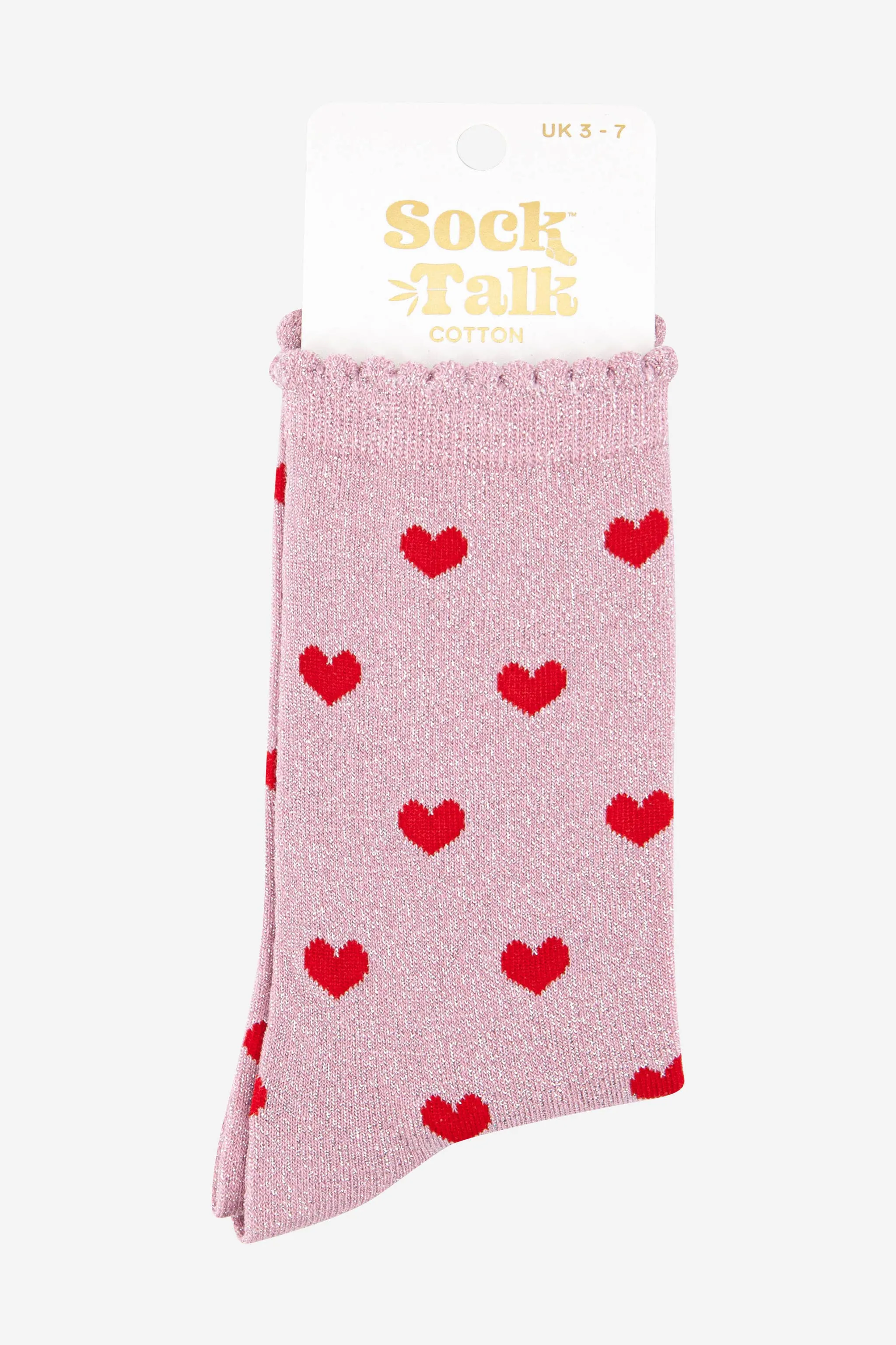 Womens Glitter Socks with Scalloped Edge in a Heart Print