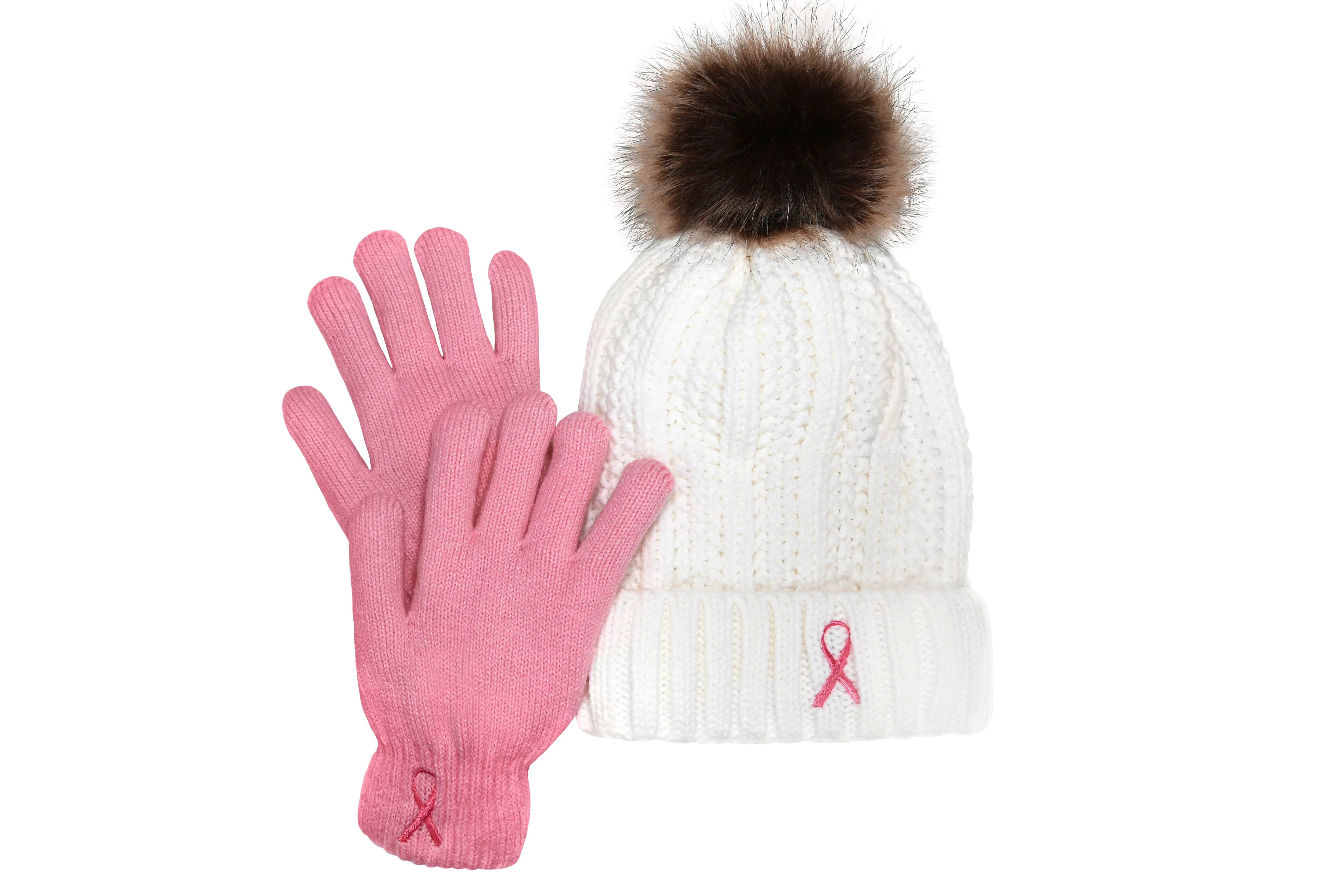 Women’s Winter set, Knitted Beanie with Pompom and Gloves, Pink Ribbon Breast Cancer Awareness