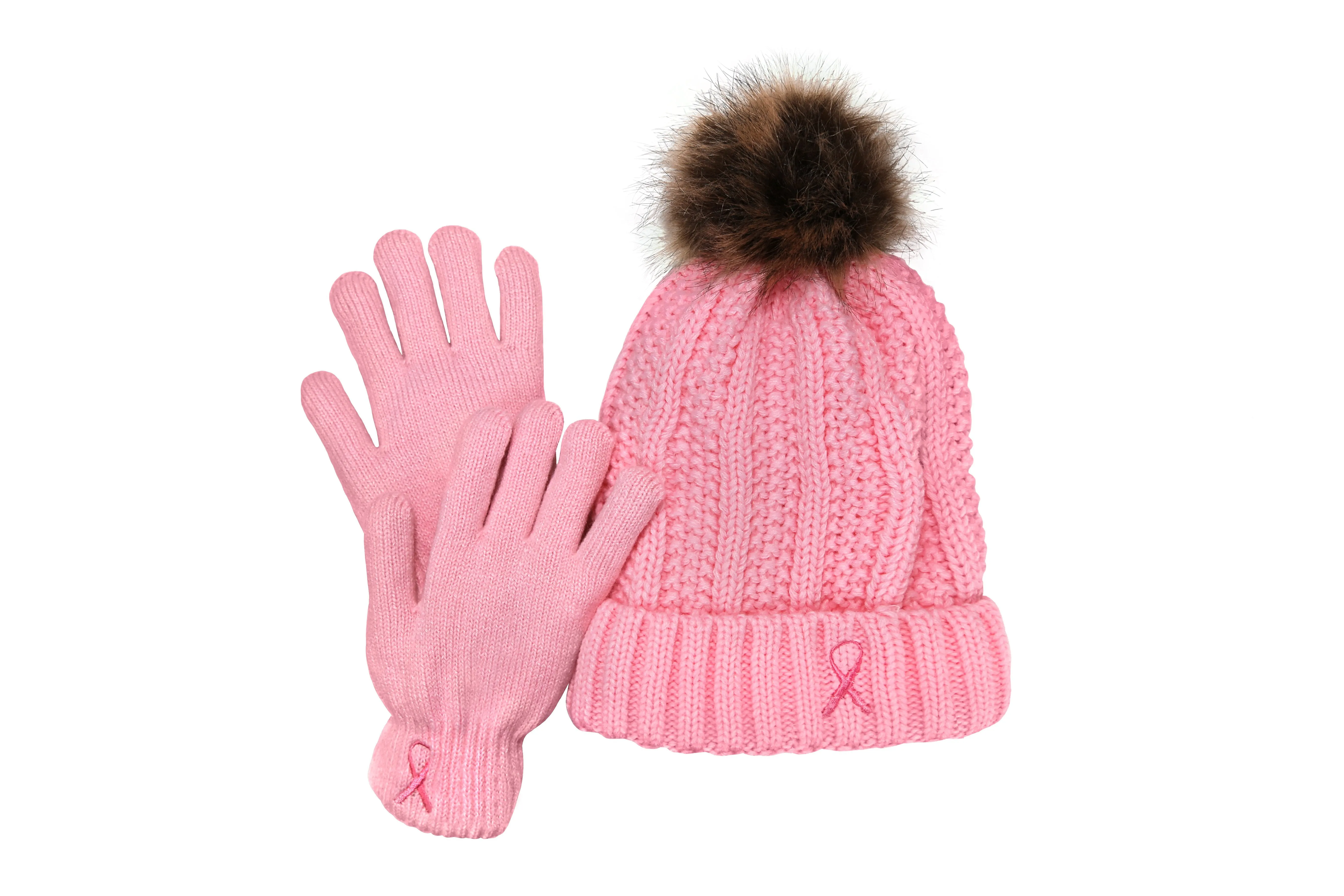 Women’s Winter set, Knitted Beanie with Pompom and Gloves, Pink Ribbon Breast Cancer Awareness