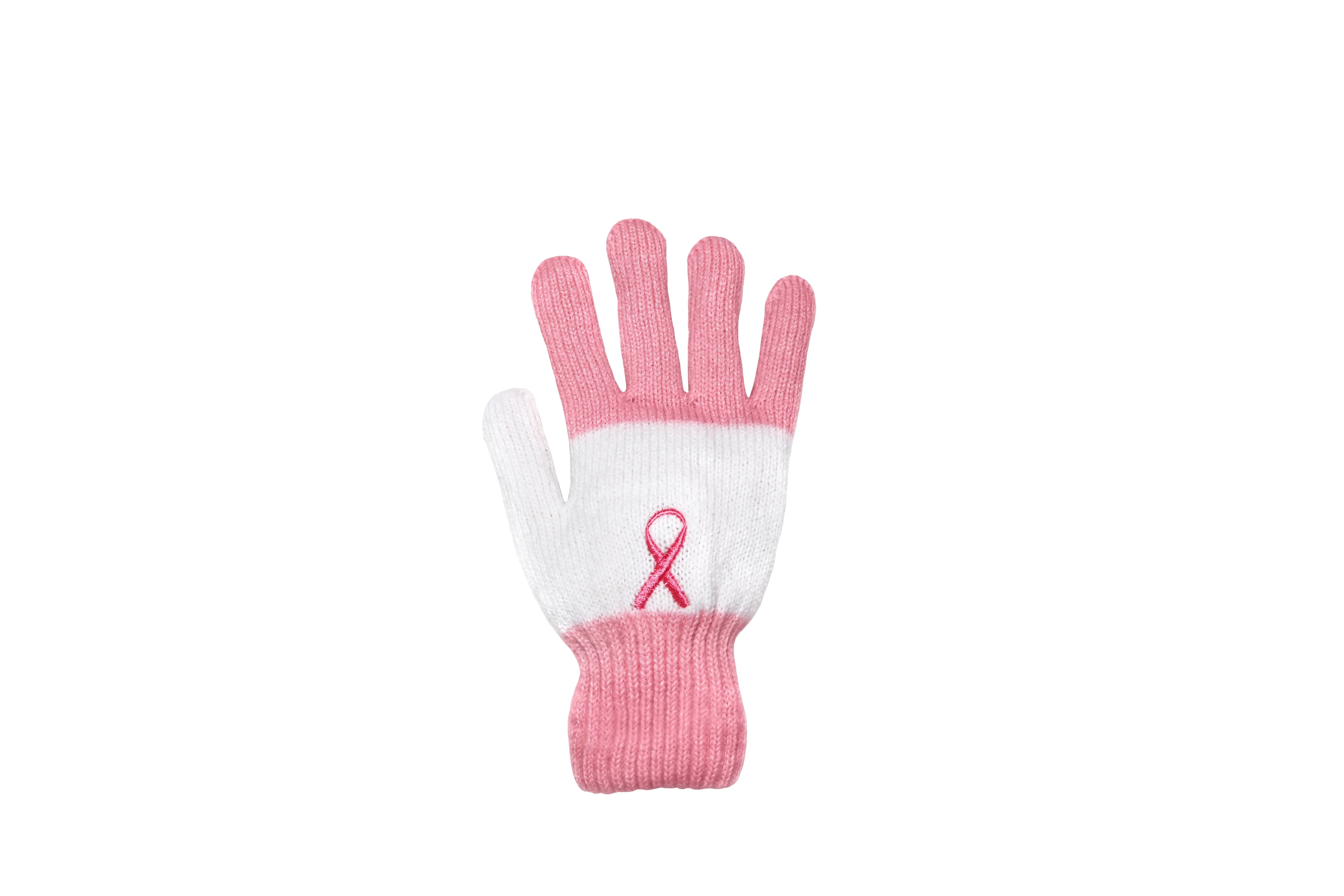 Women’s Winter set, Knitted Beanie with Pompom and Gloves, Pink Ribbon Breast Cancer Awareness