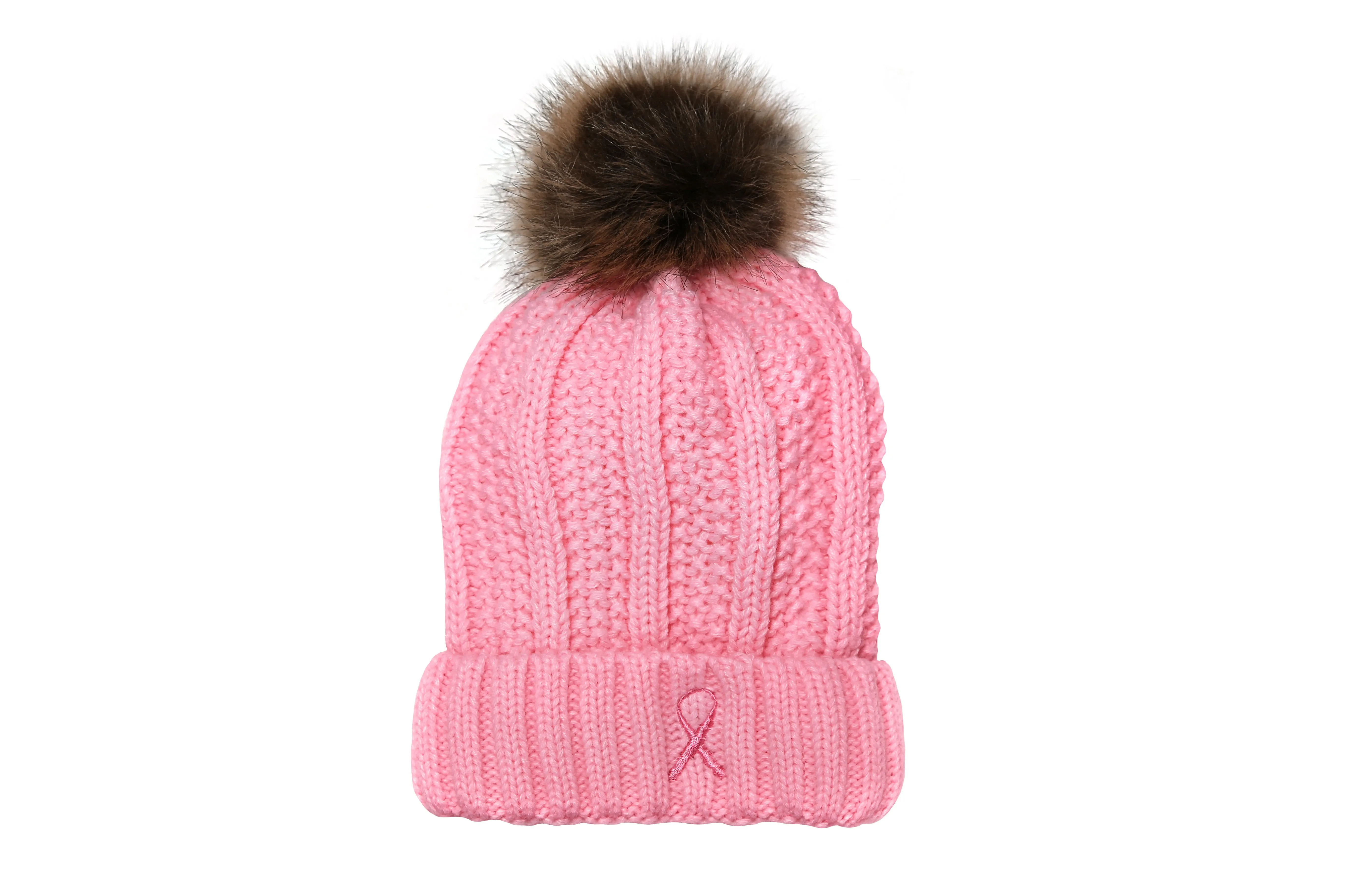 Women’s Winter set, Knitted Beanie with Pompom and Gloves, Pink Ribbon Breast Cancer Awareness