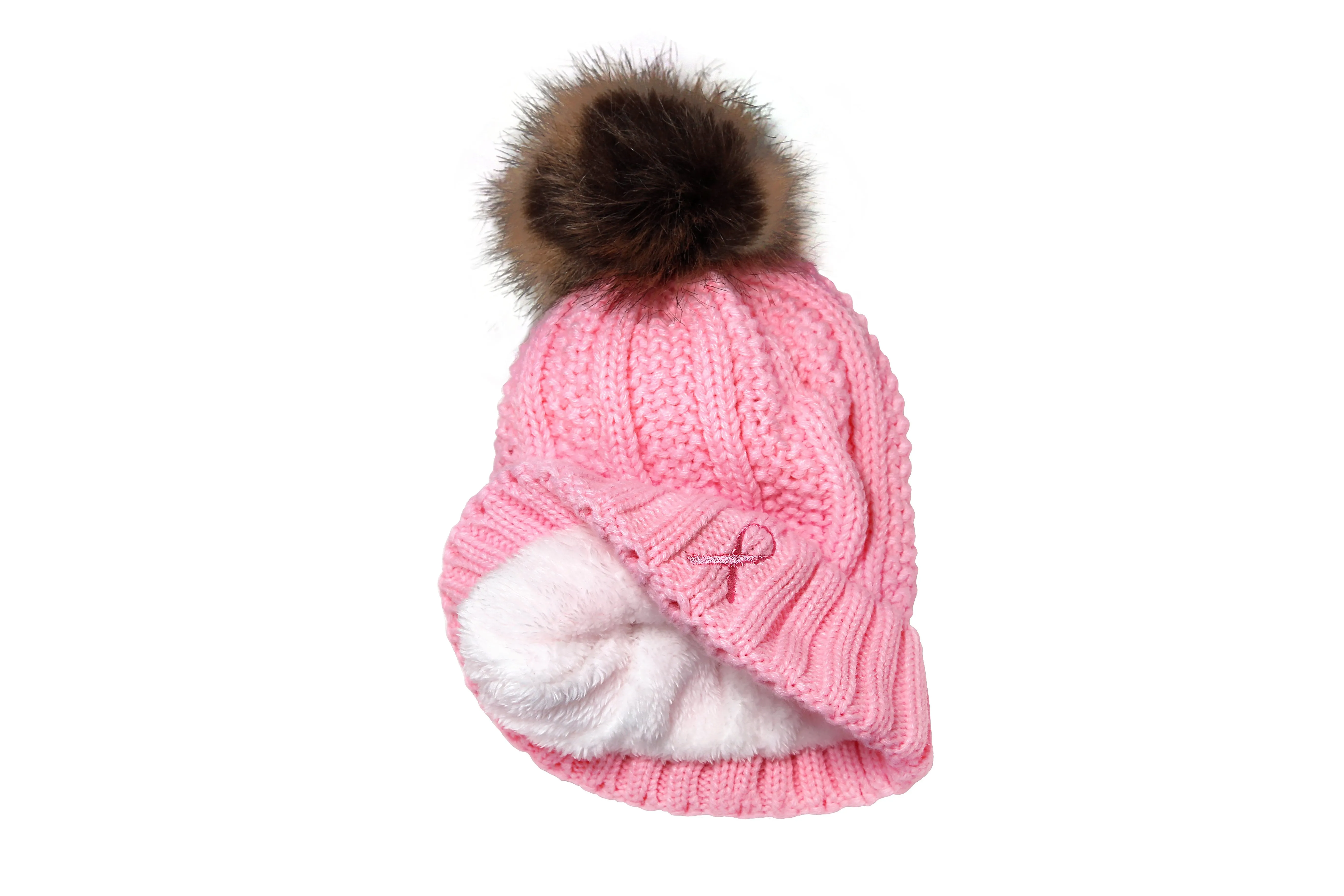 Women’s Winter set, Knitted Beanie with Pompom and Gloves, Pink Ribbon Breast Cancer Awareness